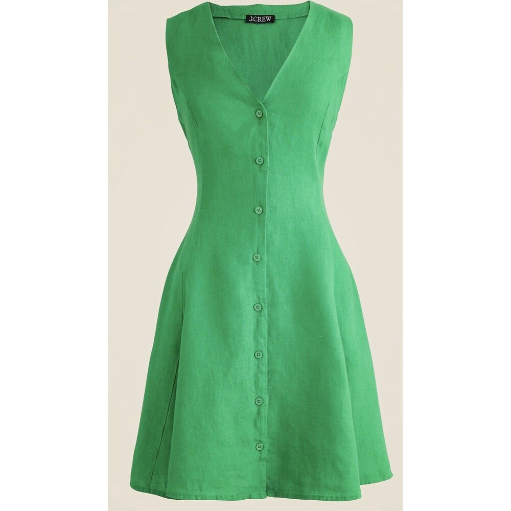 J. Crew Kelly Green Sleeveless Linen Dress Flounce Skirt Size 8 EUC